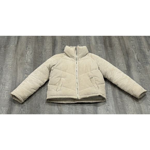 Sebby Corduroy Stone Cream/Tan Puffer Coat jacket Sz Small SEE PICS FOR DEFECTS - Picture 2 of 16